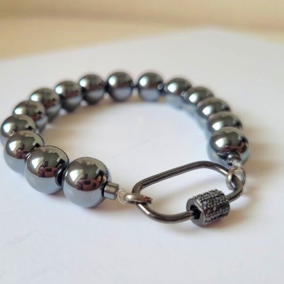 Hermatite Bracelet with Black overlay Carabiner Lock with Cubic Zirconia - Picture 1 of 2
